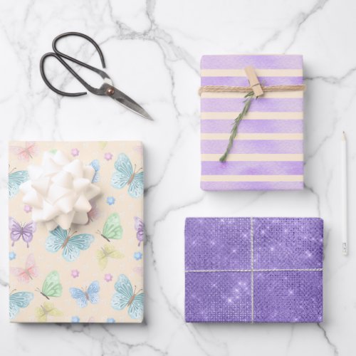 Purple Butterfly Stripe Metallic Gift Wrapping Paper Sheets