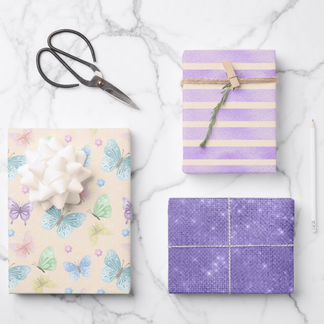 Purple Butterfly Stripe Metallic Gift Wrapping Paper Sheets (Front)