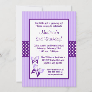 Purple Butterfly Striped Dots Birthday Party Invitation