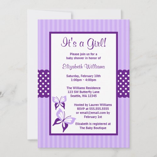 Purple Butterfly Stripes and Dots Baby Shower Personalized Announcement