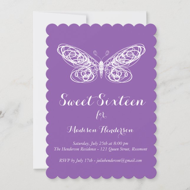 Purple Butterfly Sweet Sixteen Invitation (Front)