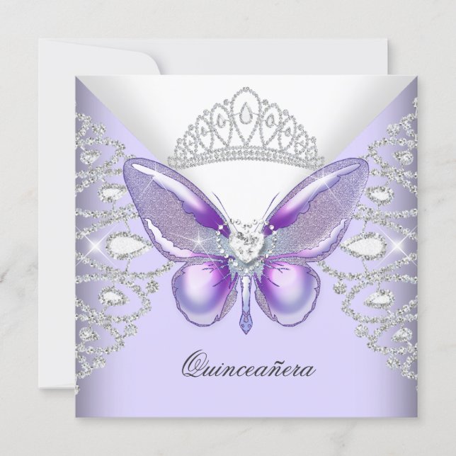 Purple Butterfly Tiara Quinceanera 15th Party Invitation (Front)