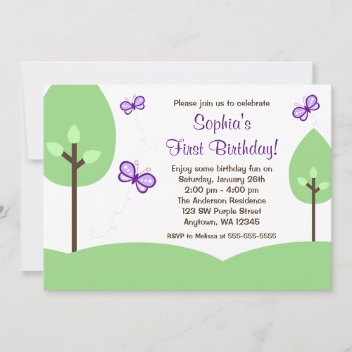 Purple Butterfly Trees Girl Birthday Invitations