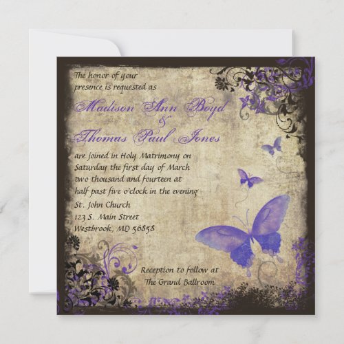 Purple Butterfly Vintage Square Wedding Invitation