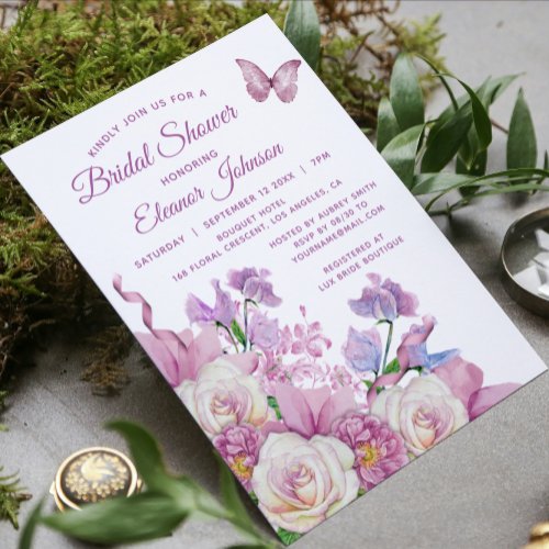 Purple Butterfly Watercolor Floral Bridal Shower Invitation