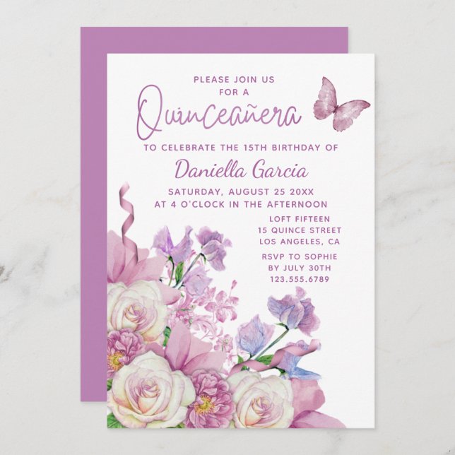 Purple Butterfly Watercolor Floral Quinceañera Invitation (Front/Back)