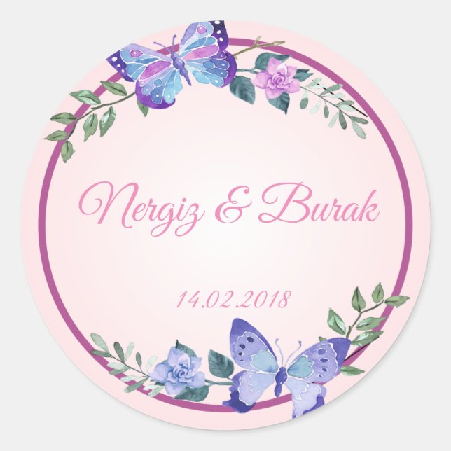 purple butterfly wedding sticker (Front)