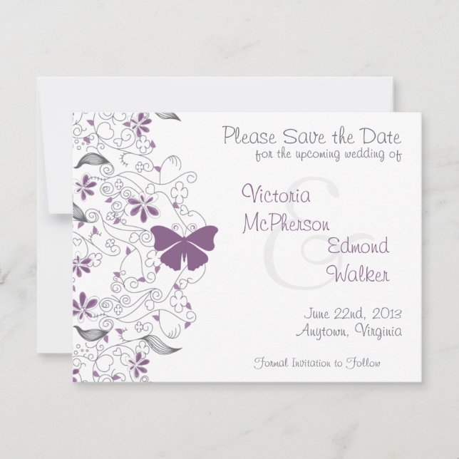 Purple Butterfly Whimsy Save the Date Announcement (Front)