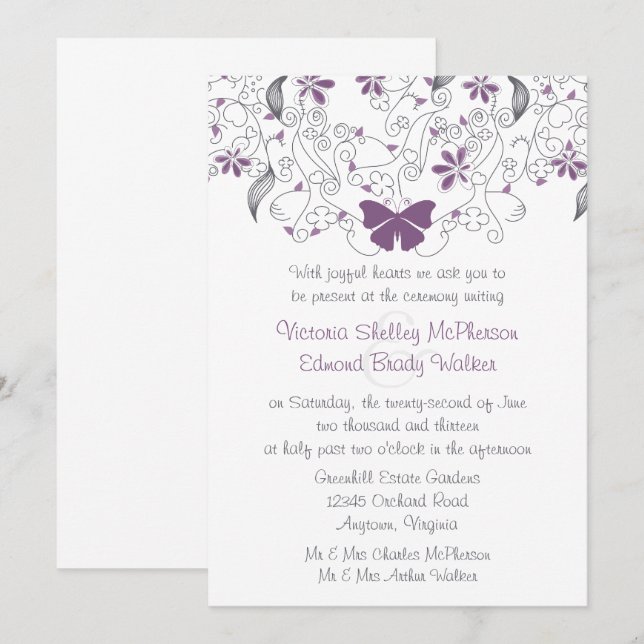 Purple Butterfly Whimsy Wedding Invitation (Front/Back)