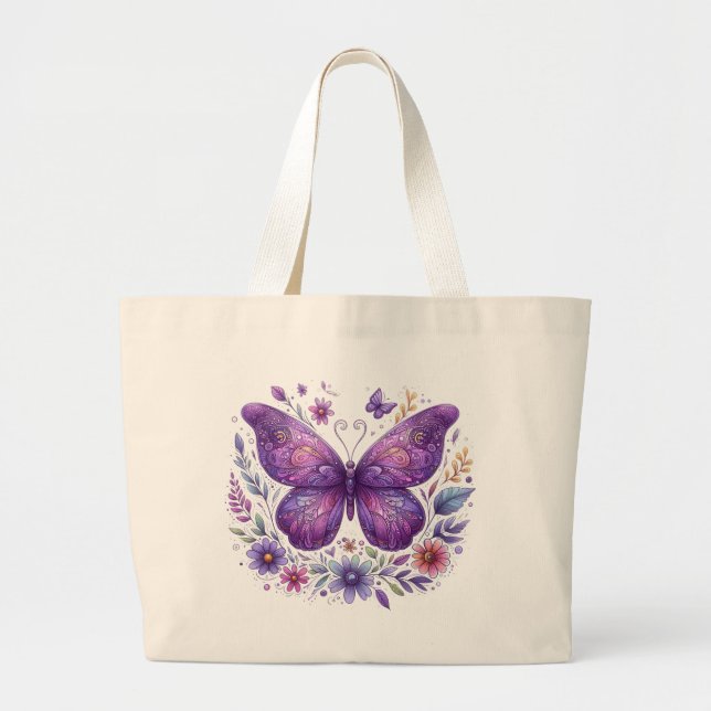 Purple Butterfly with Flowers Large Tote Bag (Front)