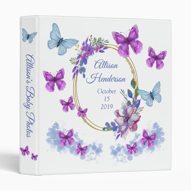 Purple Butterfly  Wreath Baby Photo Album 3 Ring Binder (Front/Spine)