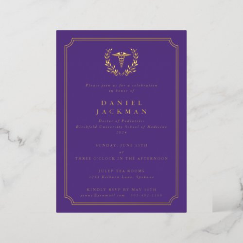 Purple CaduceusLaurel Medical School Graduation Foil Invitation