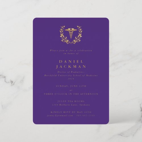 Purple Caduceus  Laurel Medical School Graduation Foil Invitation