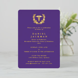 Purple Caduceus + Laurel Medical School Graduation Foil Invitation