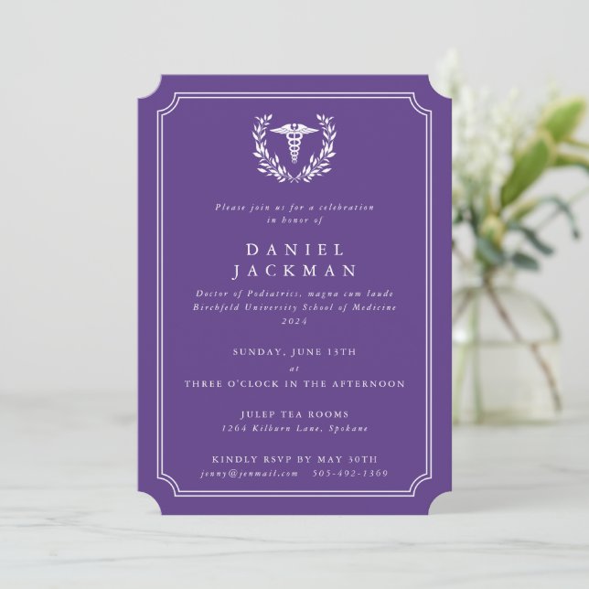 Purple Caduceus+Laurel Medical School Graduation Invitation (Standing Front)