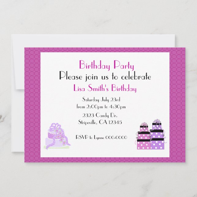 Purple Cake and Presents Birthday Party Invitation (Front)