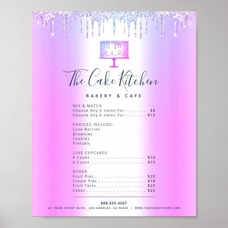 Purple Cake Bakery Glitter Drips Menu Price List Poster | Zazzle