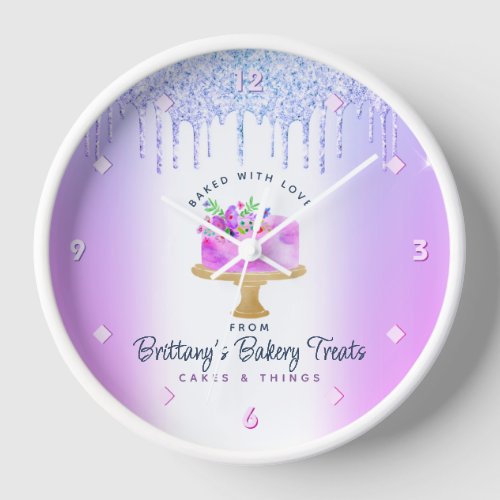 Purple Cake Bakery Glitter Drips Pastry Chef Chic Clock