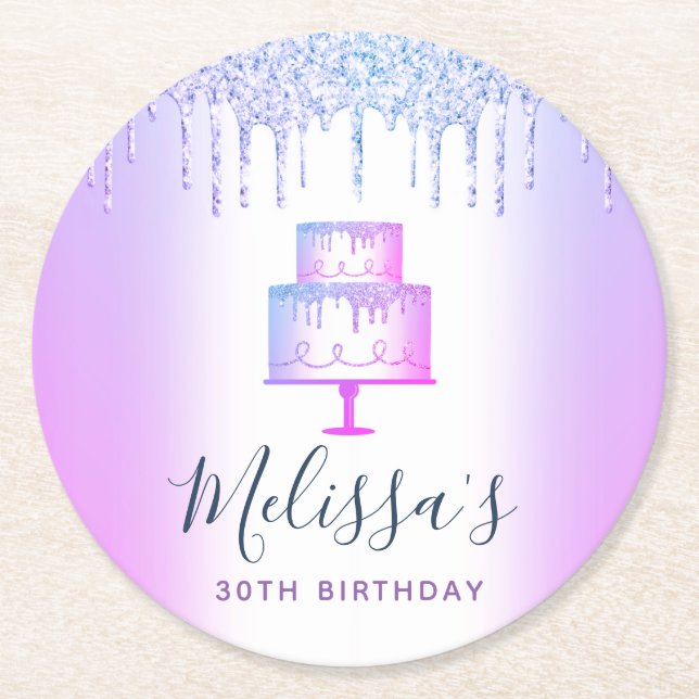 Purple cake glitter drips girly glam elegant party round paper coaster (Front)