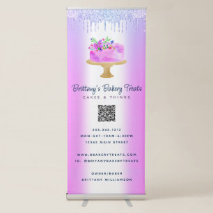 Purple Cake Glitter Drips QR Code Bakery Café Name Retractable Banner