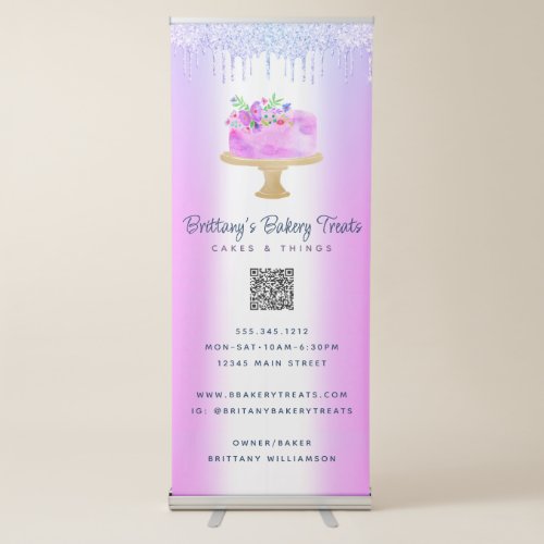 Purple Cake Glitter Drips QR Code Bakery Caf Name Retractable Banner