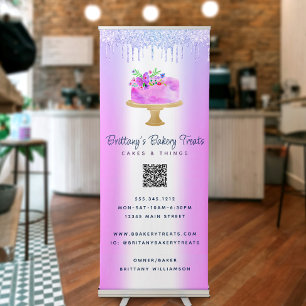 Purple Cake Glitter Drips QR Code Bakery Café Name Retractable Banner