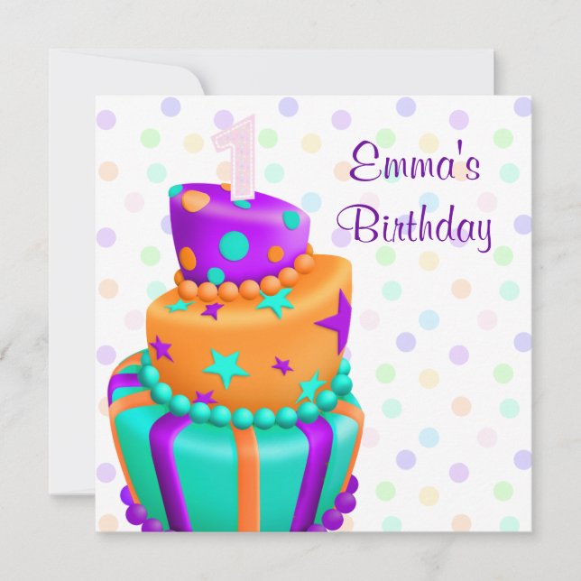 Purple Cake Presents Girls 1st Birthday Party Invitation (Front)