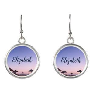 Purple california beach sunset photo custom name earrings