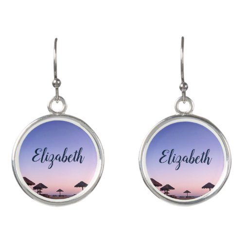Purple california beach sunset photo custom name earrings