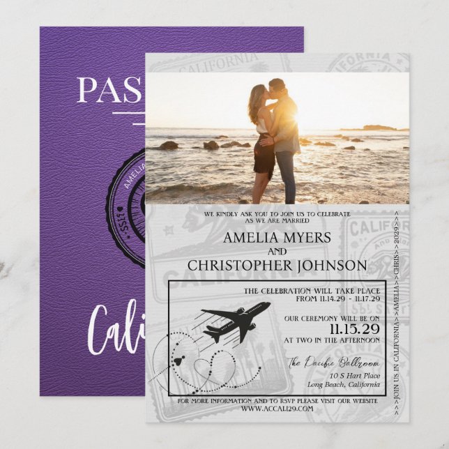 Purple California Passport Wedding Invitation (Front/Back)