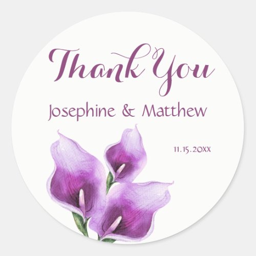 Purple Calla Lillies Watercolor Wedding Thank You Classic Round Sticker