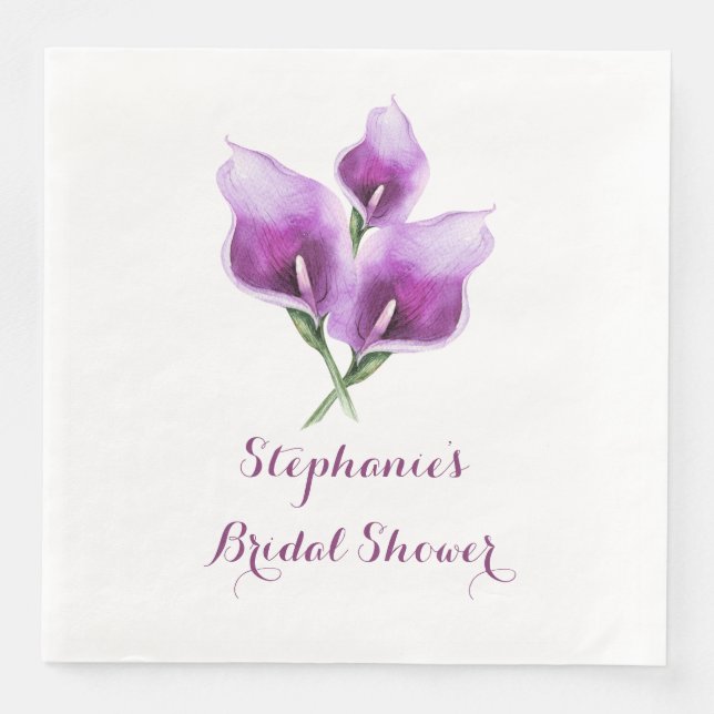 Purple Calla Lily Floral Bridal Shower Paper Dinner Napkins (Front)