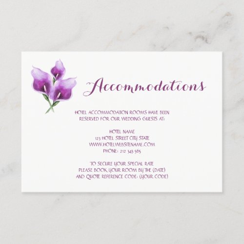 Purple Calla Lily Floral Wedding Accommodations Enclosure Card