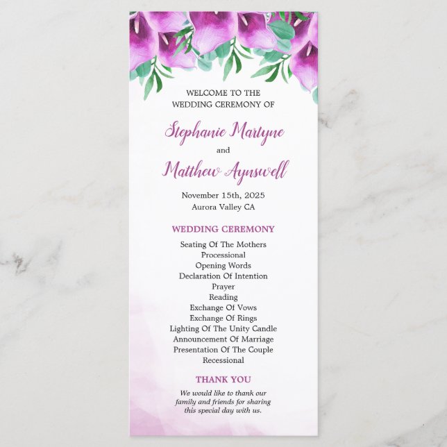 Purple Calla Lily Floral Wedding Ceremony Program (Front)