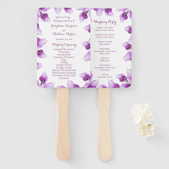 Purple Calla Lily Floral Wedding Ceremony Programs Hand Fan (Front and Back)
