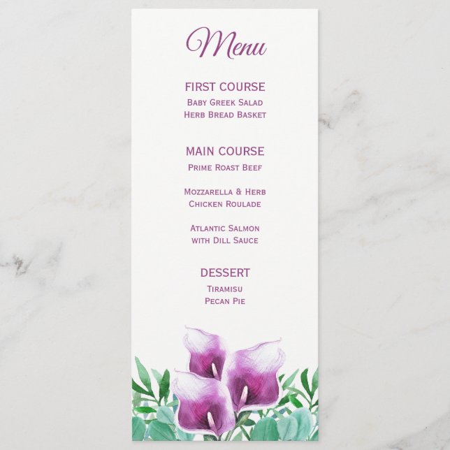 Purple Calla Lily Watercolor Floral Menu (Front)