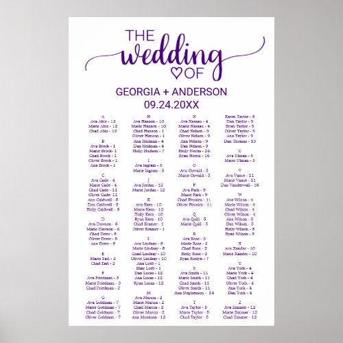 Purple Calligraphy Alphabetical Seating Chart