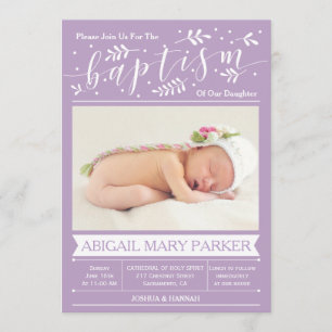 Purple Calligraphy Baptism Photo Invitation Card