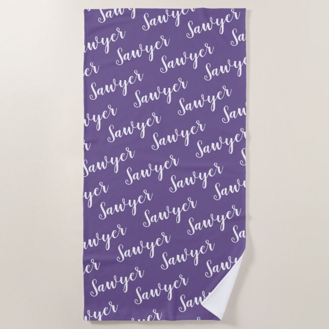 Purple Calligraphy Personalized Repeat Name Beach Towel (Front)