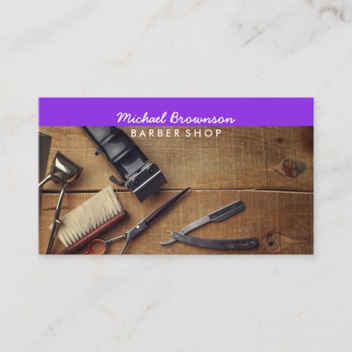 Purple Calligraphy Scissor Razor Photo Barber Business Card