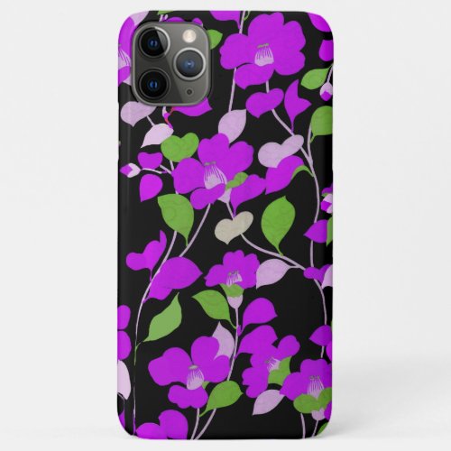 PURPLE CAMELLIASWHITE GREEN LEAVES BLACK Floral iPhone 11 Pro Max Case