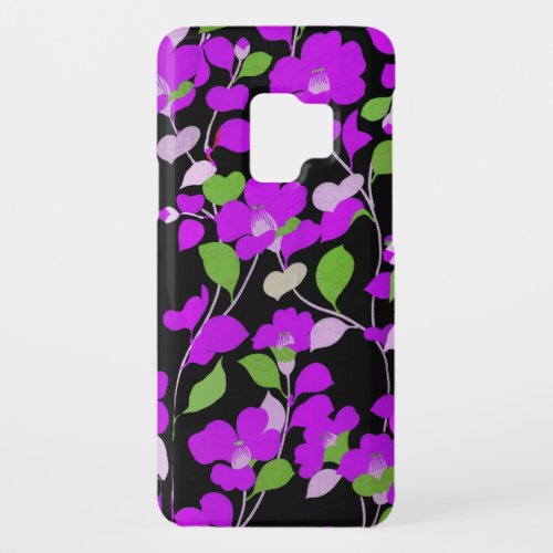 PURPLE CAMELLIASWHITE GREEN LEAVES BLACK Floral Case_Mate Samsung Galaxy S9 Case