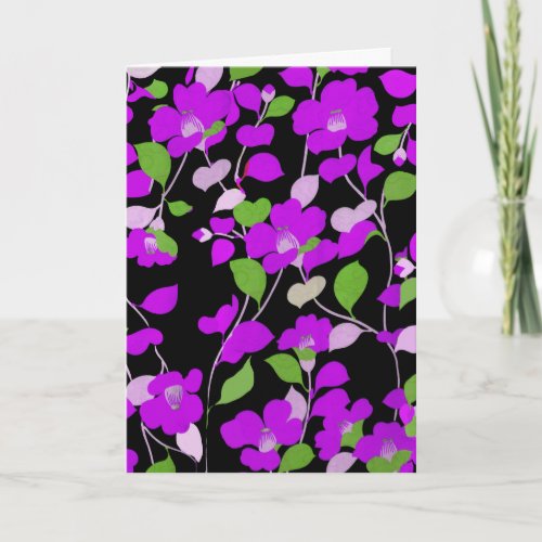 PURPLE CAMELLIASWHITE GREEN LEAVES BLACK Floral Holiday Card