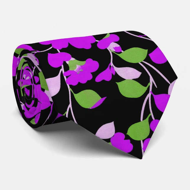 PURPLE CAMELLIAS,WHITE GREEN LEAVES BLACK Floral Neck Tie (Rolled)