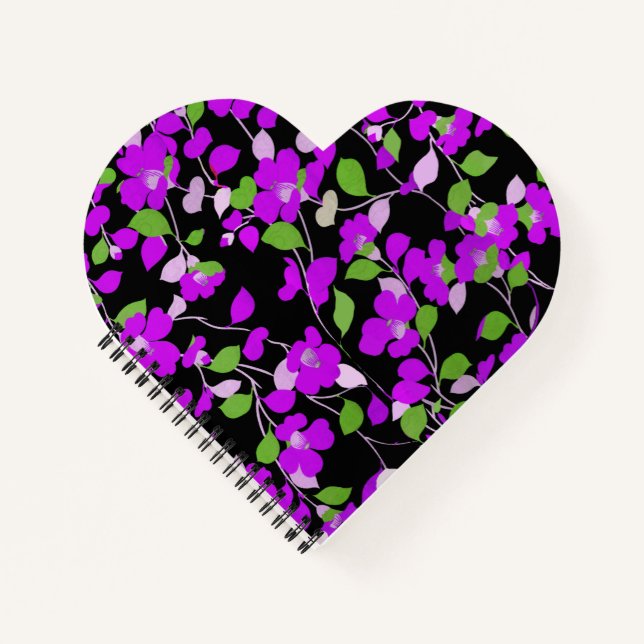 PURPLE CAMELLIAS,WHITE GREEN LEAVES BLACK Floral Notebook (Front)