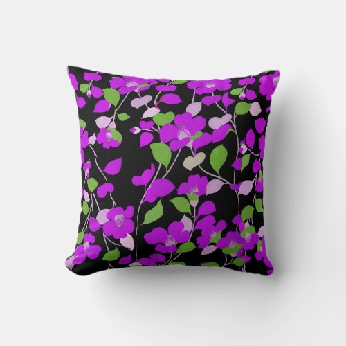 PURPLE CAMELLIASWHITE GREEN LEAVES BLACK Floral Throw Pillow