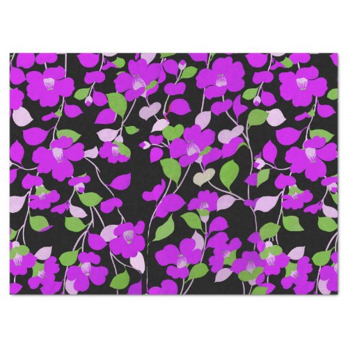PURPLE CAMELLIASWHITE GREEN LEAVES BLACK Floral Tissue Paper