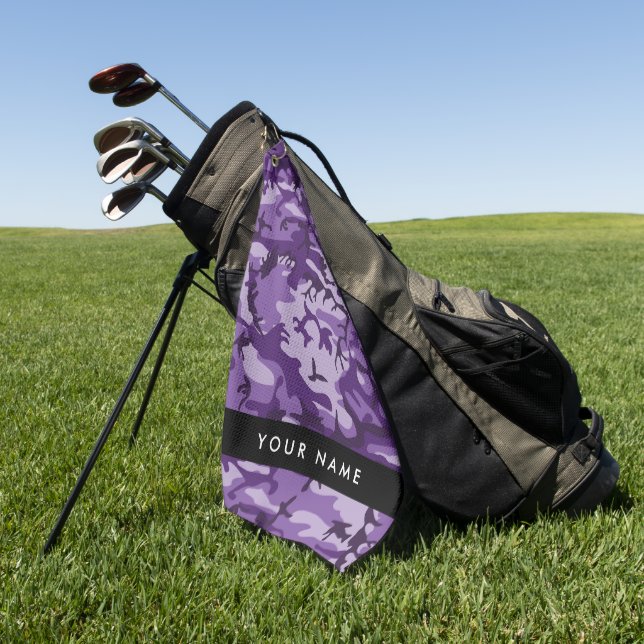 Purple Camouflage Your name Personalize Golf Towel (Green)