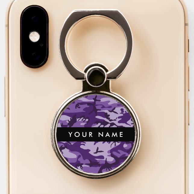 Purple Camouflage Your name Personalize Phone Ring Stand (Close Up)
