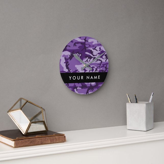 Purple Camouflage Your name Personalize Round Clock (Office)